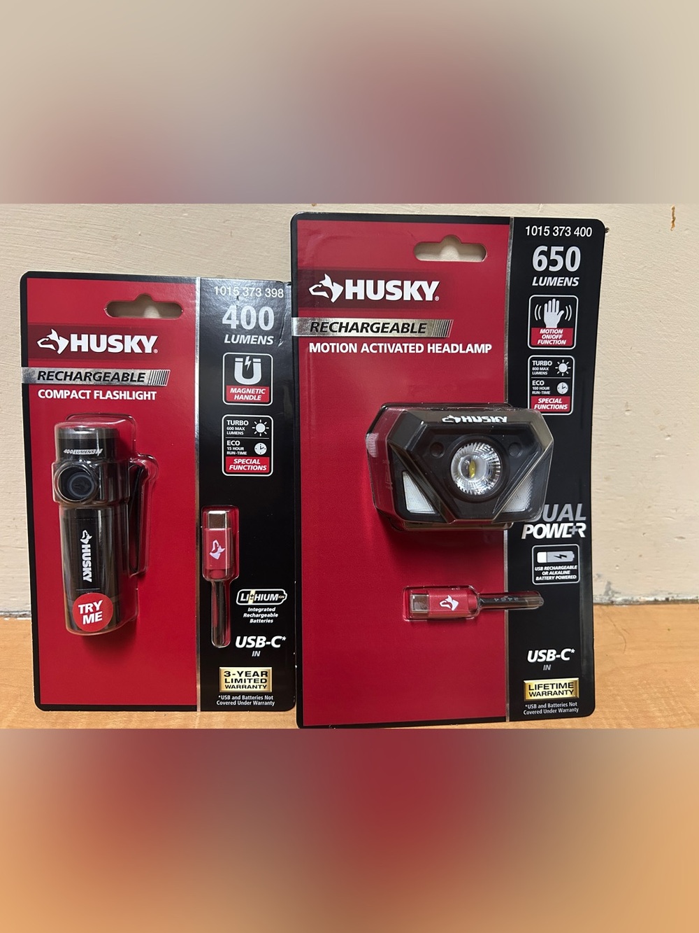Husky 2 pack rechargeable motion activated headlamp and compact flashlight